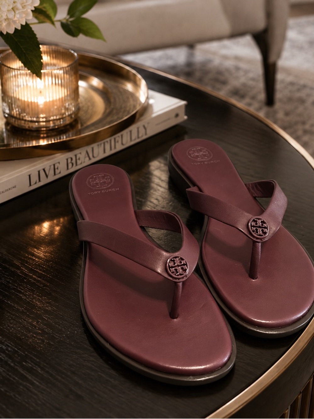 Tory Burch Women's Maroon Leather Miller Thong Sandals
